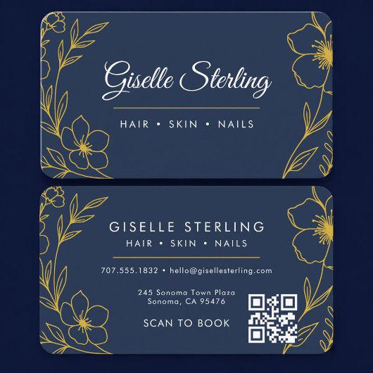 Beauty Salon Navy Blue Gold QR Code Professional 名刺