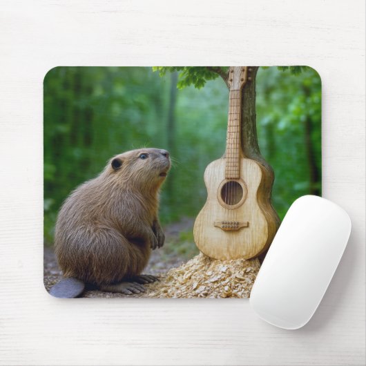 Beaver Admiring His Carved Guitar On a Tree マウスパッド (マウス)