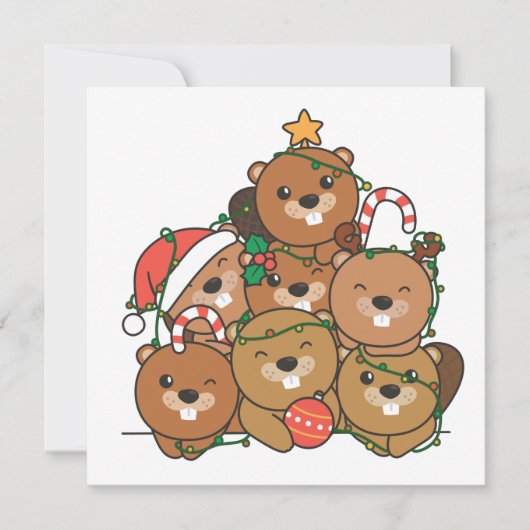 Beaver Christmas Tree Funny Animal Christmas Invit 招待状 (正面)