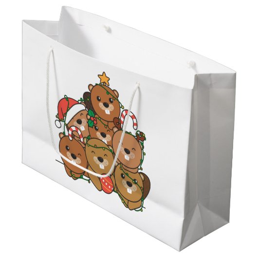 Beaver Christmas Tree Funny Animal Christmas Large ラージペーパーバッグ (正面アングル)