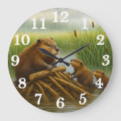 Beaver family in wetland haven ラージ壁時計 (正面)