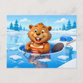 Beaver Ice Bathing in a Striped Swimsuit ポストカード