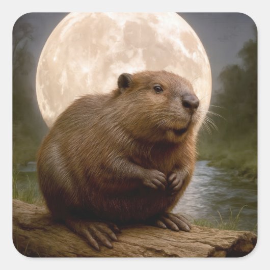 Beaver On a Log With Full Moon スクエアシール (正面)