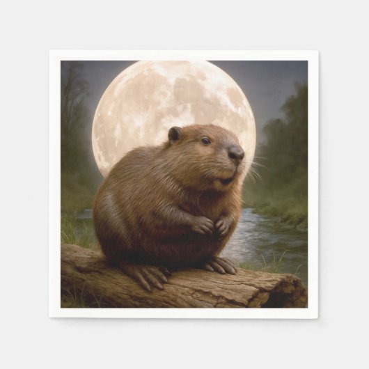 Beaver On a Log With Full Moon スタンダードカクテルナプキン (正面)
