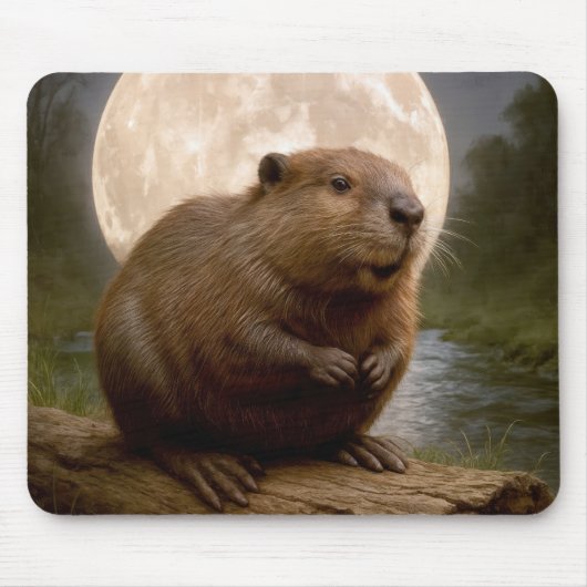 Beaver On a Log With Full Moon マウスパッド (正面)