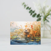 Beaver sitting by pond among reeds シーズンポストカード (スタンド正面)