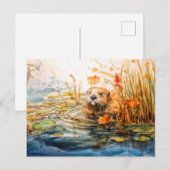 Beaver sitting by pond among reeds シーズンポストカード (正面/裏面)