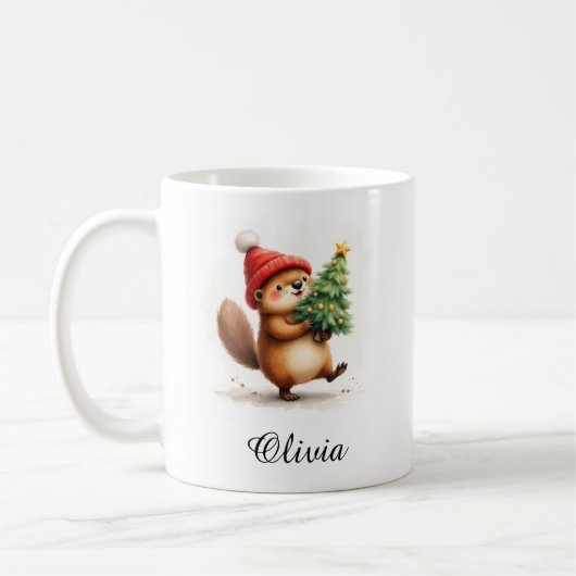 Beaver with Christmas Tree Custom Name コーヒーマグカップ (左)