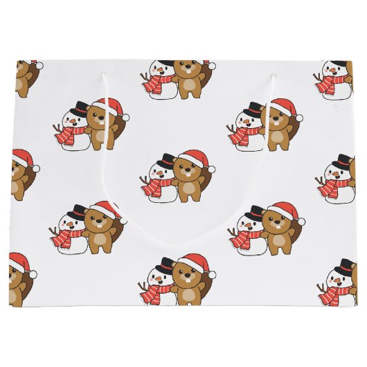 Beaver With Snowman In Winter At Christmas Large G ラージペーパーバッグ (正面)
