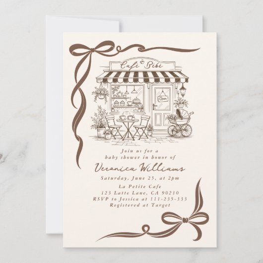 Bebe Cafe Parisian Theme Bow Coffee Baby Shower 招待状 (正面)