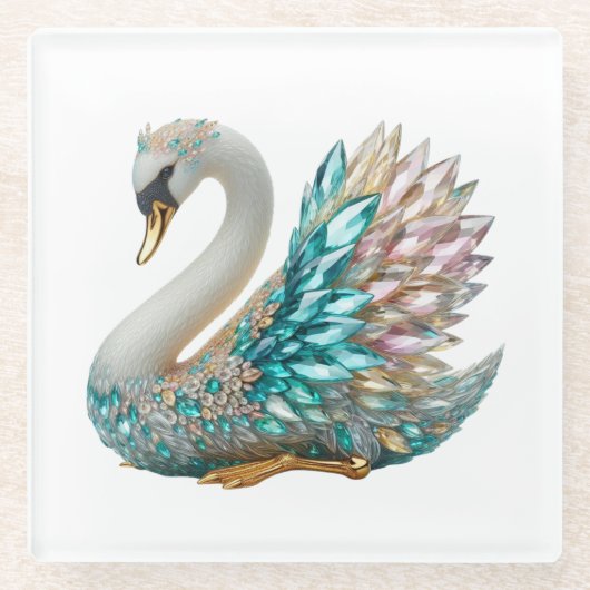 Bedazzled Diamond Swan Gold Crystal Bling ガラスコースター (正面)