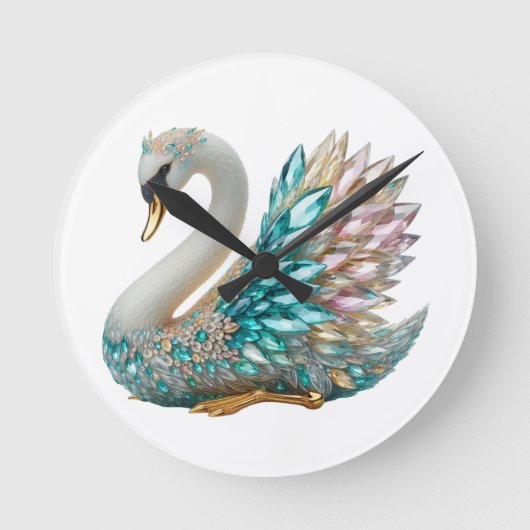 Bedazzled Diamond Swan Gold Crystal Bling ラウンド壁時計 (正面)