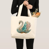 Bedazzled Diamond Swan Gold Crystal Bling ラージトートバッグ (正面(商品))