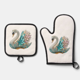 Bedazzled Diamond Swan Gold Crystal Bling 鍋つかみ&鍋敷きセット