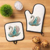 Bedazzled Diamond Swan Gold Crystal Bling 鍋つかみ&鍋敷きセット (トップダウン)