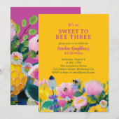 Beeの3歳誕生日におすすめのカラフルなデザイン 招待状 (正面/裏面)