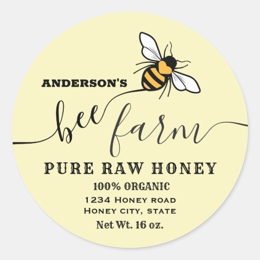 Beeスクリプトビーファームはちみつ瓶ラベル ラウンドシール (正面)