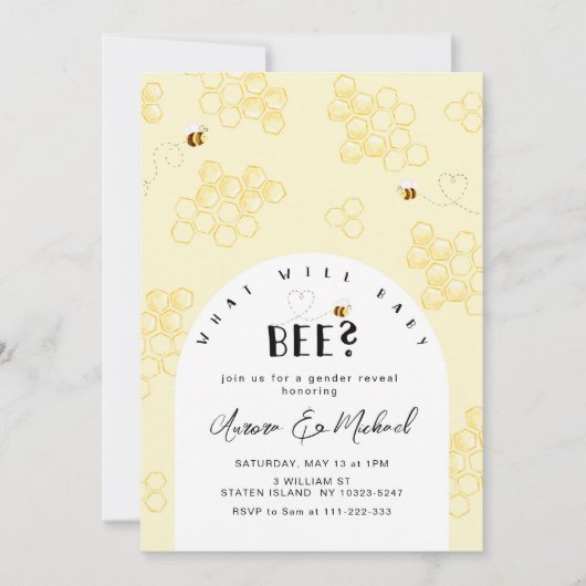 Bee性別は招待を明らかにする。何がベビー 招待状 (正面)