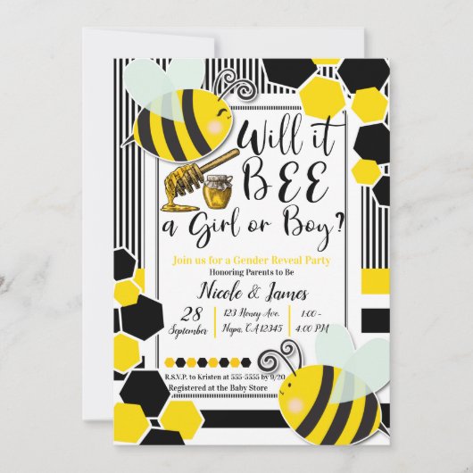 BEE赤ちゃんシャワー性別が白を明らかにする 招待状 (正面)