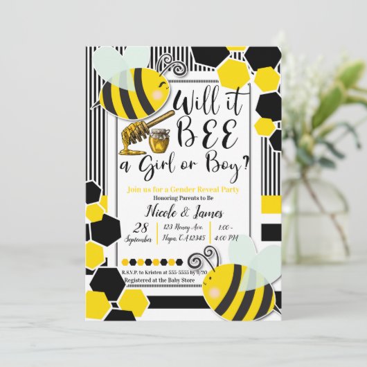 BEE赤ちゃんシャワー性別が白を明らかにする 招待状 (スタンド正面)