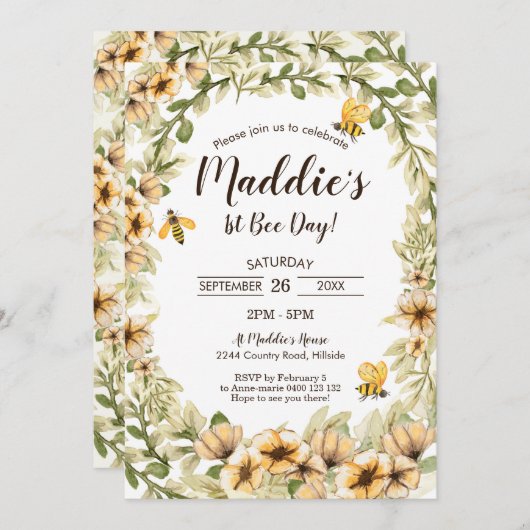 Bee 1st Birthday招待状1st Bee Day Honey Bee 招待状 (正面/裏面)