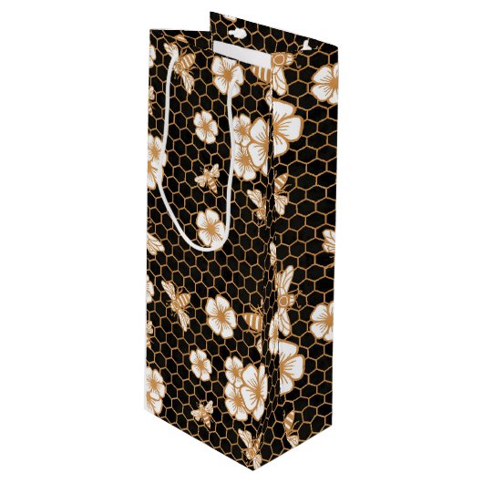 Bee and Flowers Pattern ワインギフトバッグ (正面アングル)