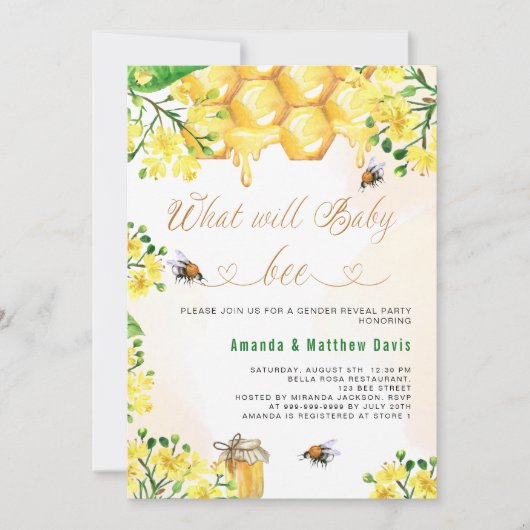 Bee Babyシャワー黄色のフローラ性別が親を明かす 招待状 (正面)