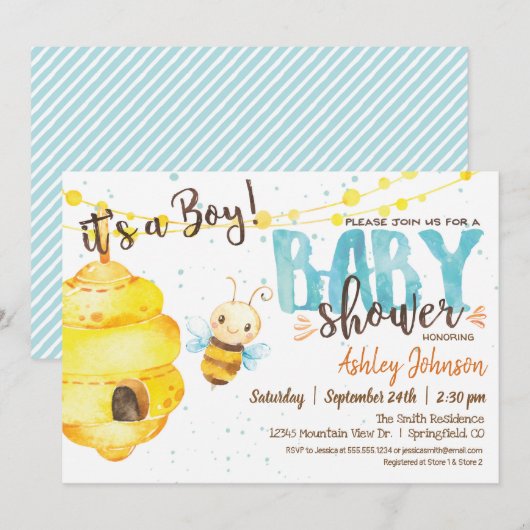 Bee Baby Showerへの招待、Boy 招待状 (正面/裏面)