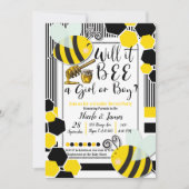Bee Baby Shower 性別発表 白 招待状 (正面)