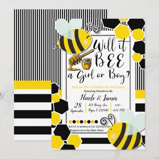 Bee Baby Shower 性別発表 白 招待状 (正面/裏面)