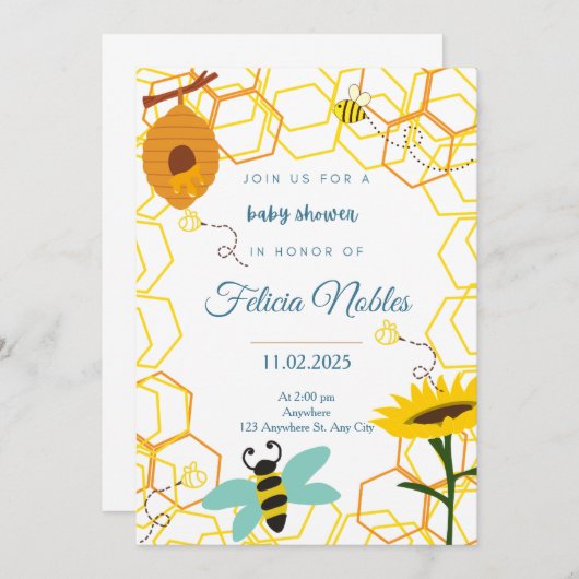 Bee Baby Shower 招待状 (正面/裏面)