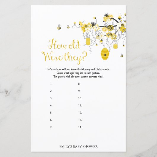 Bee Baby Shower Game – 彼らは何歳だった (正面)