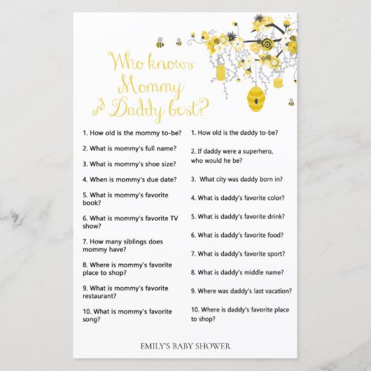 Bee Baby Shower Game – 誰がパパ&ママを知っている (正面)