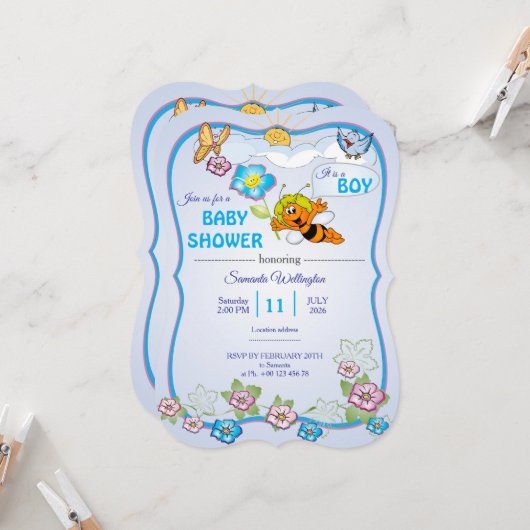 Bee Baby Shower Invitation for boy 招待状 (正面/裏面インサイチュ)