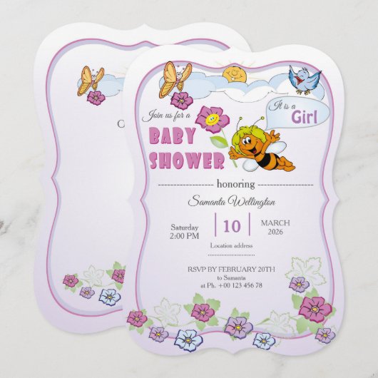 Bee Baby Shower Invitation for Girl  招待状 (正面/裏面)