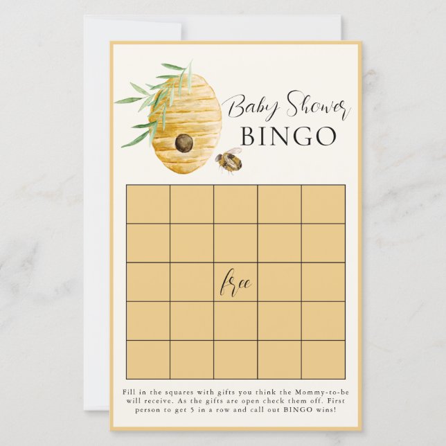 Bee Baby Shower Yellow Bingo Game Card (正面)