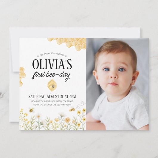 Bee Birthday First Bee Day Photo Invitation 招待状 (正面)