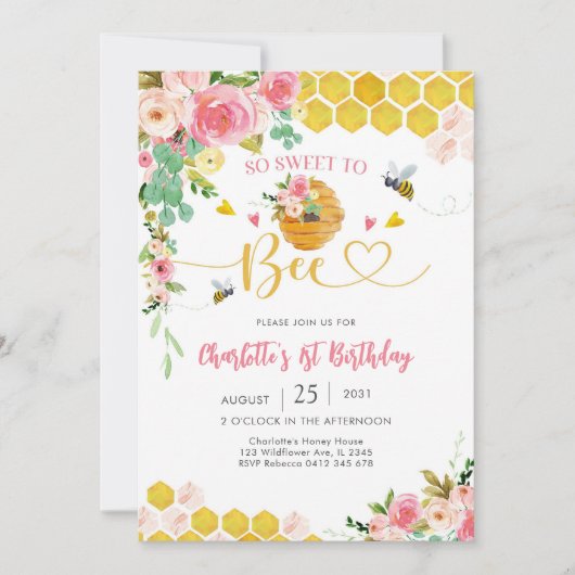 Bee Birthday Invitation Girl 招待状 (正面)