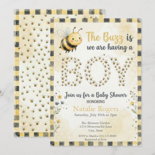 Bee Bug Boy Baby Shower 招待状 (正面/裏面)