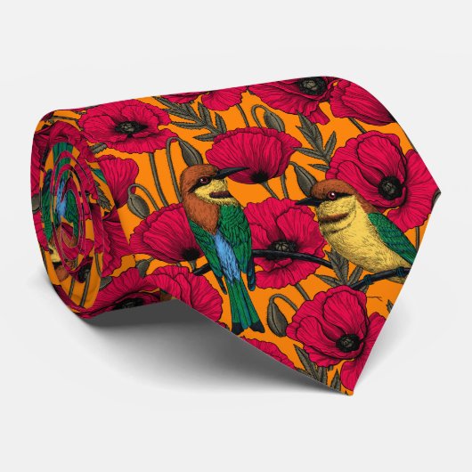 Bee eaters and poppies on orange ネクタイ (ロール)