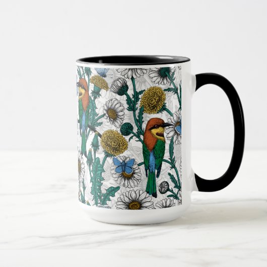 Bee-eaters, blue butterflies and daisies on white マグカップ (右)