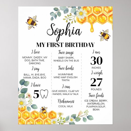 Bee First Birthday Milestone Sign ポスター (正面)