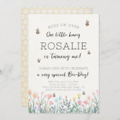 Bee Flower First Birthday Partyへの招待 招待状 (正面/裏面)