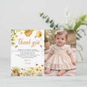 Bee Flower Yellow Birthday Photo サンキューカード (スタンド正面)