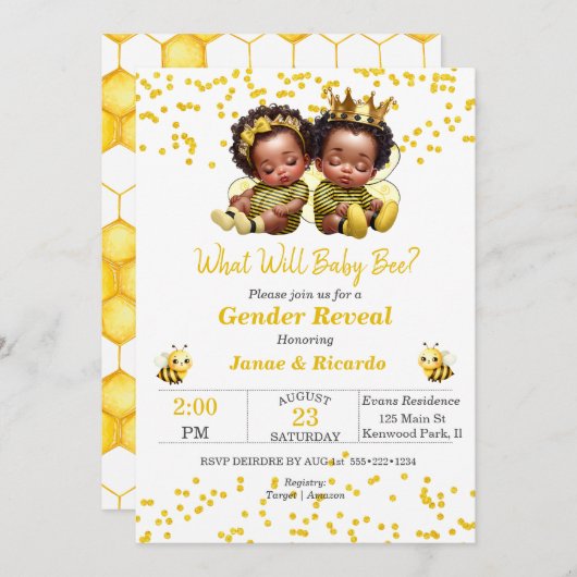 Bee Genderがアフリカ系アメリカ人の男の赤ちゃん女の子を明かす 招待状 (正面/裏面)