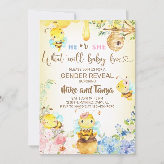 Bee gender reveal invite, bumblebee, honeybee. 招待状 (正面)