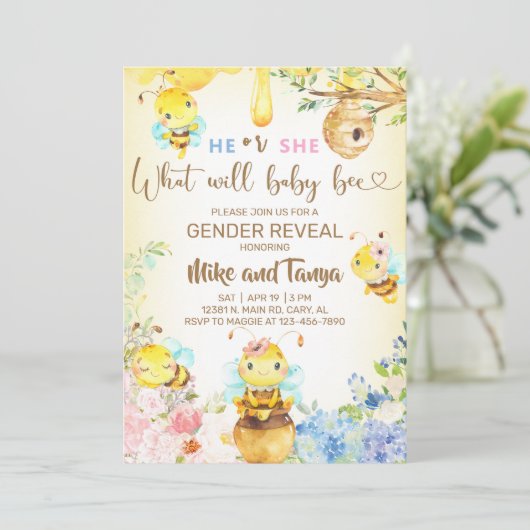 Bee gender reveal invite, bumblebee, honeybee. 招待状 (スタンド正面)