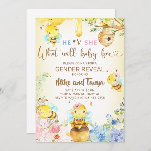 Bee gender reveal invite, bumblebee, honeybee. 招待状 (正面/裏面)