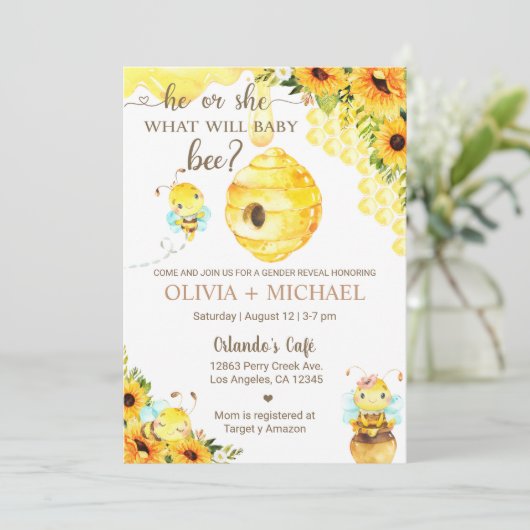Bee gender reveal invite, bumblebee, honeybee. 招待状 (スタンド正面)