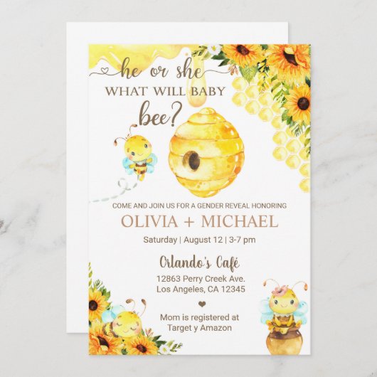 Bee gender reveal invite, bumblebee, honeybee. 招待状 (正面/裏面)